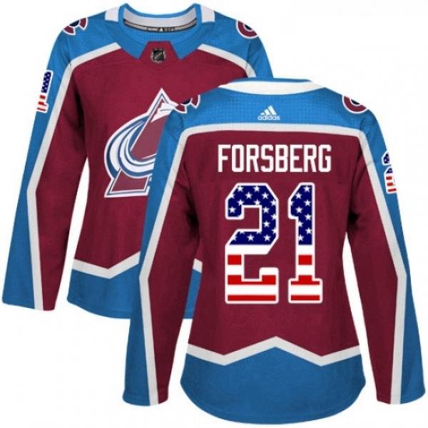 Womens Adidas Colorado Avalanche 21 Peter Forsberg Authentic Burgundy Red USA Flag Fashion NHL Jersey