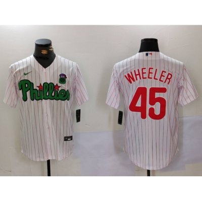 Men Philadelphia Phillies 45 Zack Wheeler White Green Cool Base Stitched Jersey 8