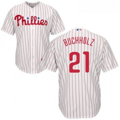 Youth Majestic Philadelphia Phillies 21 Clay Buchholz Replica WhiteRed Strip Home Cool Base MLB Jersey