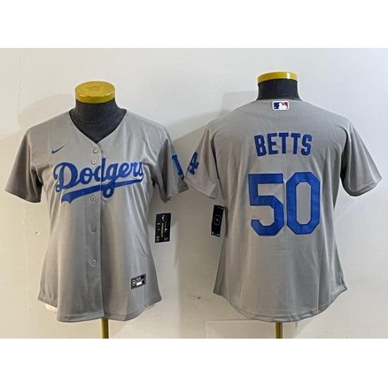 Women Los Angeles Dodgers 50 Mookie Betts Grey Stitched Jersey