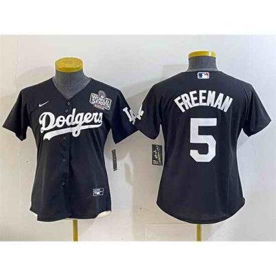 Women Los Angeles Dodgers 5 Freddie Freeman Black 2024 World Series Cool Base Stitched Baseball Jersey