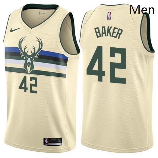 Mens Nike Milwaukee Bucks 42 Vin Baker Swingman Cream NBA Jersey City Edition