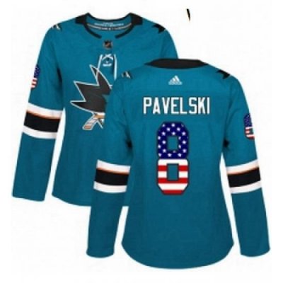 Womens Adidas San Jose Sharks 8 Joe Pavelski Authentic Teal Green USA Flag Fashion NHL Jersey