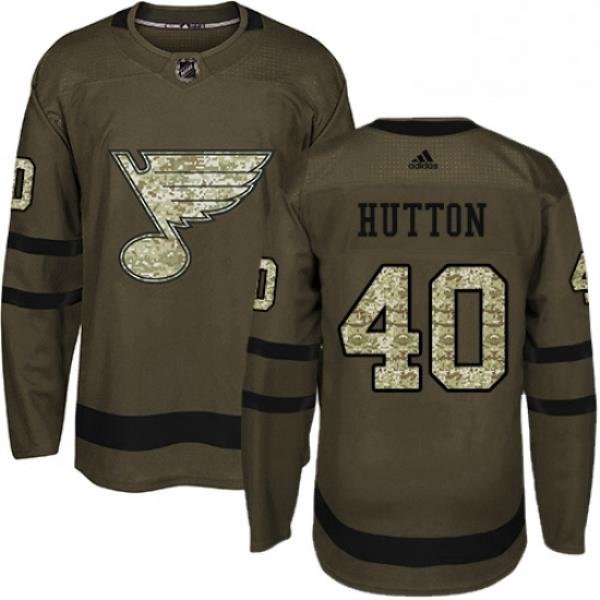 Mens Adidas St Louis Blues 40 Carter Hutton Authentic Green Salute to Service NHL Jersey