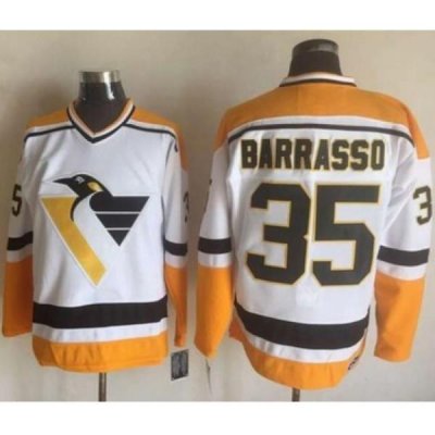 Penguins #35 Tom Barrasso WhiteYellow CCM Throwback Stitched NHL Jersey