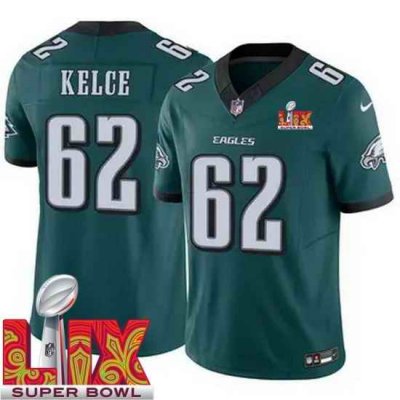 Youth Philadelphia Eagles Jason Kelce #62 Green 2024 2025 Super Bowl LIX F U S E Stitched NFL Jersey