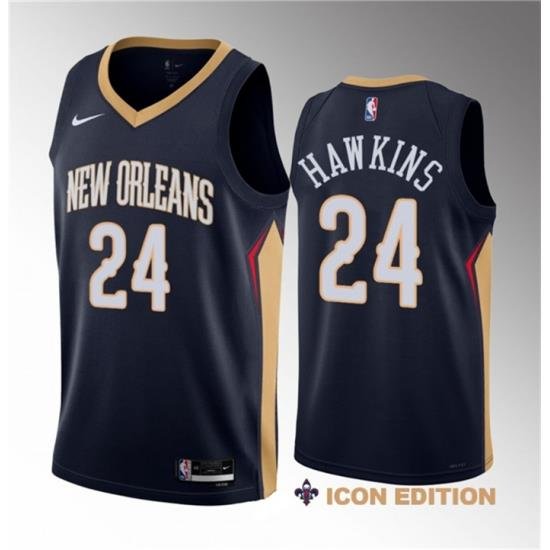 Men New Orleans Pelicans 24 Jordan Hawkins Navy 2023 Draft Icon Edition Stitched Basketball Jersey