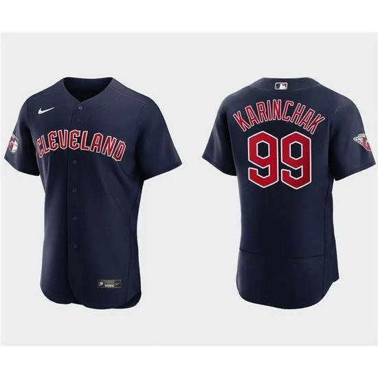 Men Cleveland Guardians 99 James Karinchak Navy Flex Base Stitched Jersey