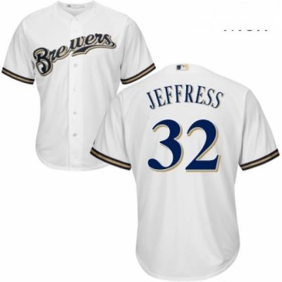 Mens Majestic Milwaukee Brewers 32 Jeremy Jeffress Replica White Alternate Cool Base MLB Jersey