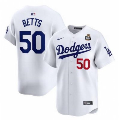 Men Los Angeles Dodgers 50 Mookie Betts White 2024 World Series Home Limited Stitched Baseball Jersey