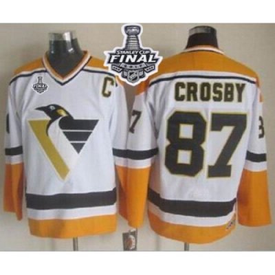 Penguins #87 Sidney Crosby White Yellow CCM Throwback 2017 Stanley Cup Final Patch Stitched NHL Jersey