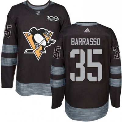 Mens Adidas Pittsburgh Penguins 35 Tom Barrasso Authentic Black 1917 2017 100th Anniversary NHL Jersey