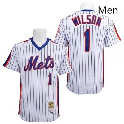 Mens Mitchell and Ness NeW York Mets 1 Mookie Wilson Replica WhiteBlue Strip ThroWback MLB Jersey