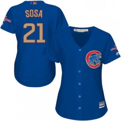 Womens Majestic Chicago Cubs 21 Sammy Sosa Authentic Royal Blue 2017 Gold Champion MLB Jersey