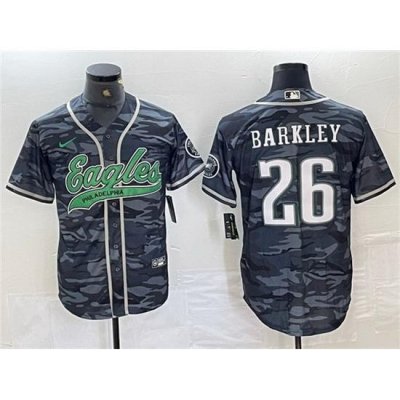 Men Philadelphia Eagles 26 Saquon Barkley Gray Camo Cool Base Baseball Stitched Jersey