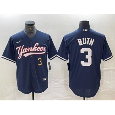 Men NeW York Yankees 3 Babe Ruth Number Navy Cool Base Stitched Baseball Jersey