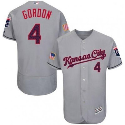 Mens Majestic Kansas City Royals 4 Alex Gordon Authentic Grey Fashion Stars Stripes Flex Base MLB Jersey