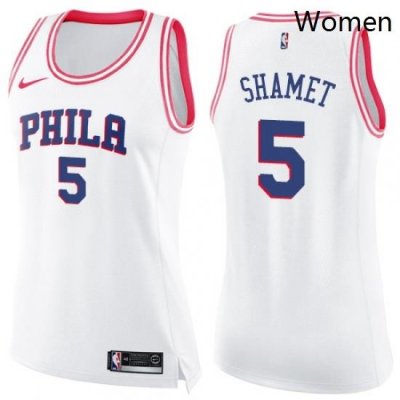 Womens Nike Philadelphia 76ers 5 Landry Shamet Swingman White Pink Fashion NBA Jersey