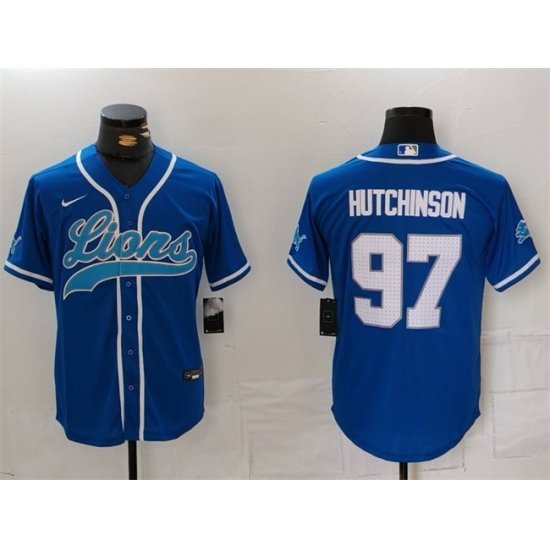 Men Detroit Lions 97 Aidan Hutchinson Blue Cool Base Stitched Baseball Jersey