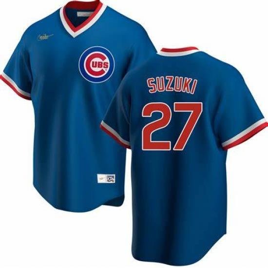 Mens Nike Chicago Cubs #27 Seiya Suzuki Royal CooperstoWn Collection Road Stitched Baseball Jersey