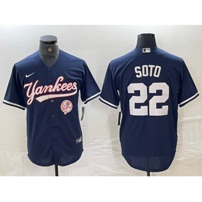 Men NeW York Yankees 22 Juan Soto Navy With Patch Cool Base Stitched Baseball Jersey