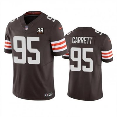 Men Cleveland Browns 95 Myles Garrett Brown 2023 F U S E  With Jim Brown Memorial Patch Vapor Untouchable Limited Stitched Jersey