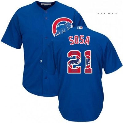 Mens Majestic Chicago Cubs 21 Sammy Sosa Authentic Royal Blue Team Logo Fashion Cool Base MLB Jersey