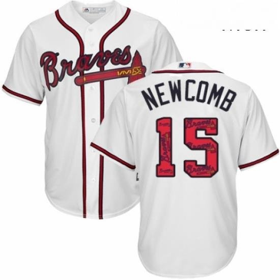 Mens Majestic Atlanta Braves 15 Sean Newcomb Authentic White Team Logo Fashion Cool Base MLB Jersey