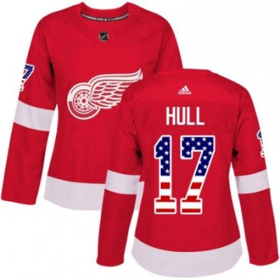 Womens Adidas Detroit Red Wings 17 Brett Hull Authentic Red USA Flag Fashion NHL Jersey