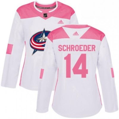 Womens Adidas Columbus Blue Jackets 14 Jordan Schroeder Authentic WhitePink Fashion NHL Jersey