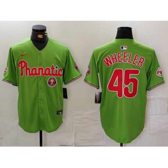 Men Philadelphia Phillies 45 Zack Wheeler Green With Patch Stitched Jersey 2