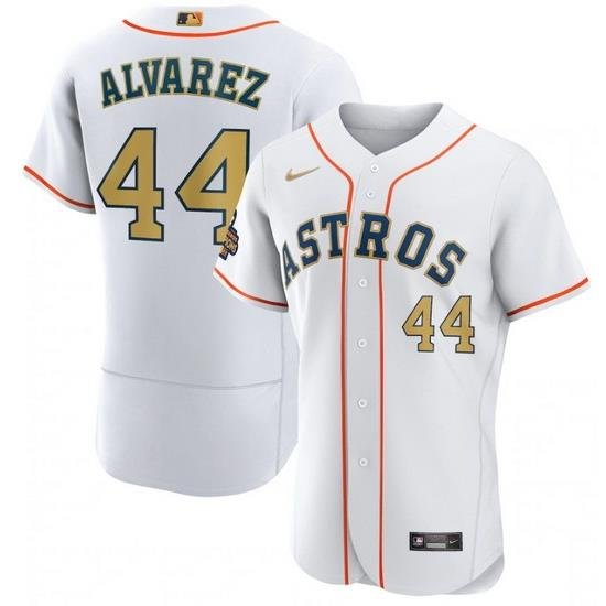 Men Houston Astros 44 Yordan Alvarez White 2023 Gold Collection With World Serise Champions Patch Stitched Baseball Jersey