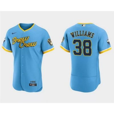 Men Milwaukee Brewers 38 Devin Williams Powder Blue 2022 City Connect Flex Base Stitched MLB Jersey