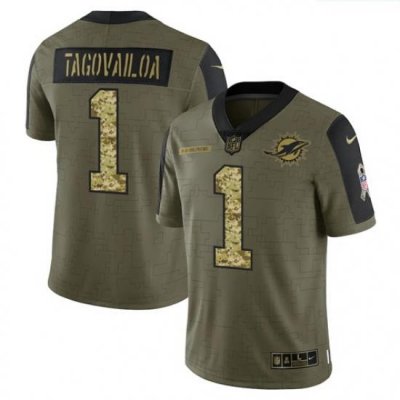 Men Miami Dolphins 1 Tua Tagovailoa 2021 Salute To Service Olive Camo Limited Stitched Jersey