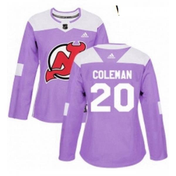 Womens Adidas New Jersey Devils 20 Blake Coleman Authentic Purple Fights Cancer Practice NHL Jersey