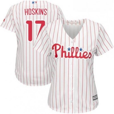 Womens Majestic Philadelphia Phillies 17 Rhys Hoskins Authentic WhiteRed Strip Home Cool Base MLB Jersey