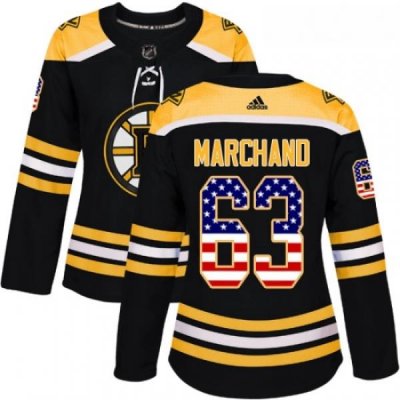 Womens Adidas Boston Bruins 63 Brad Marchand Authentic Black USA Flag Fashion NHL Jersey