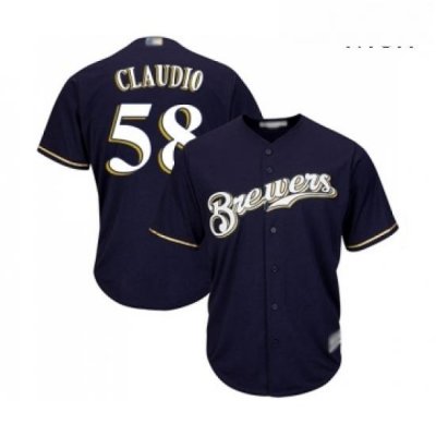 Mens Milwaukee Brewers 58 Alex Claudio Replica Navy Blue Alternate Cool Base Baseball Jersey