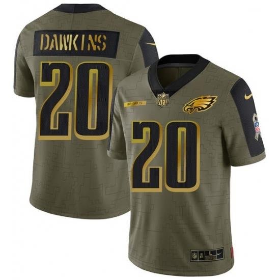 Men Philadelphia Eagles 20 Brian Dawkins 2021 Olive Camo Salute To Service Golden Limited Stitched Jersey