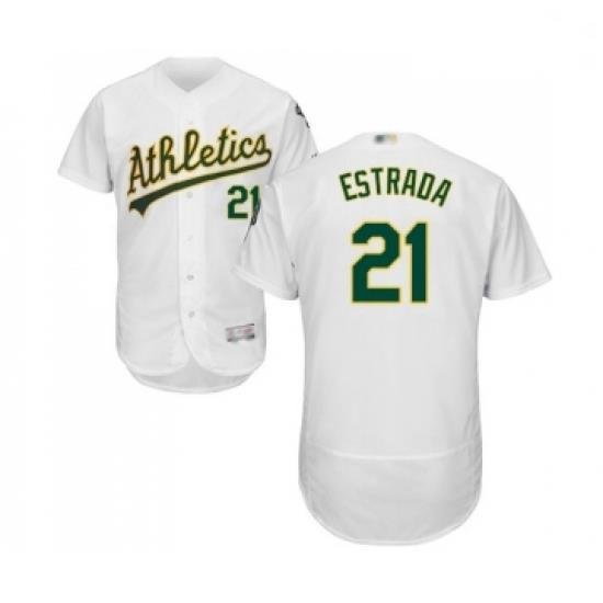 Mens Oakland Athletics 21 Marco Estrada White Home Flex Base Authentic Collection Baseball Jersey