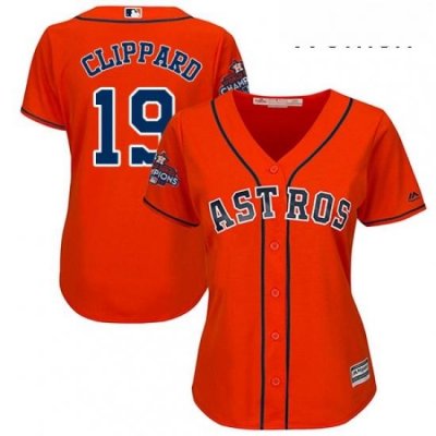 Womens Majestic Houston Astros 19 Tyler Clippard Authentic Orange Alternate 2017 World Series Champions Cool Base MLB Jersey