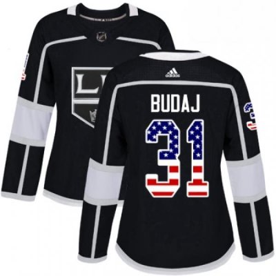 Womens Adidas Los Angeles Kings 31 Peter Budaj Authentic Black USA Flag Fashion NHL Jersey