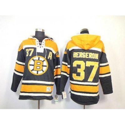 Bruins #37 Patrice Bergeron Black Sawyer Hooded Sweatshirt Stitched NHL Jersey