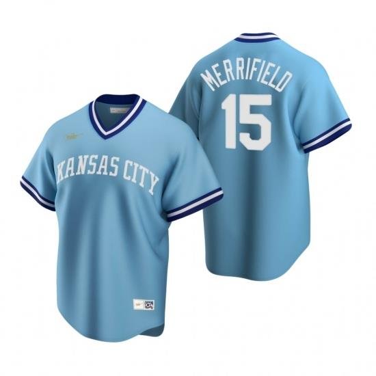 Mens Nike Kansas City Royals 15 Whit Merrifield Light Blue CooperstoWn Collection Road Stitched Baseball Jersey