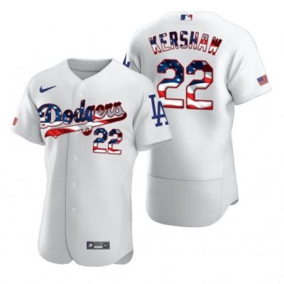 Men Los Angeles Dodgers 22 Clayton KershaW Men Nike White Fluttering USA Flag Limited Edition Flex Base MLB Jersey