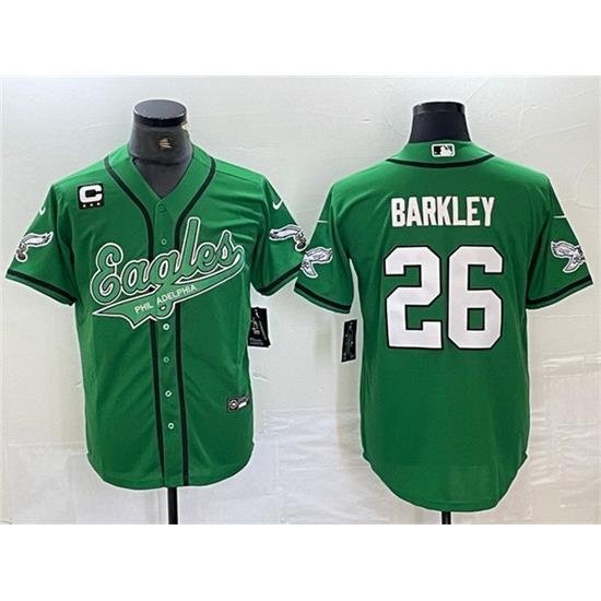 Men Philadelphia Eagles 26 Saquon Barkley Green With 3 star C Patch Cool Base Baseball Stitched Jersey