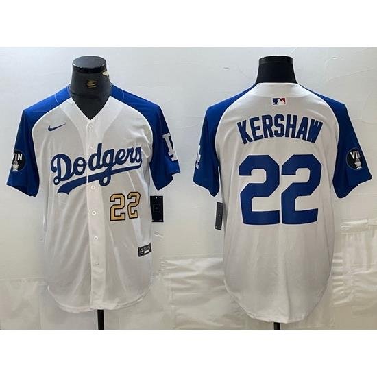 Men Los Angeles Dodgers 22 Clayton KershaW White Blue Vin Patch Cool Base Stitched Baseball Jersey 9