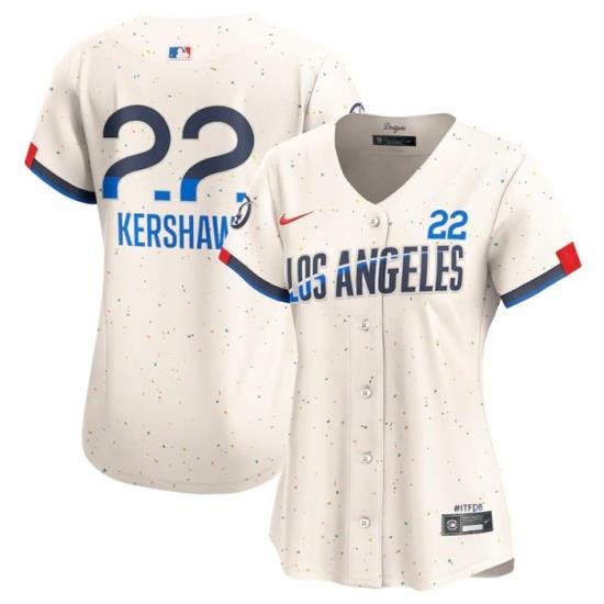 Women Los Angeles Dodgers 22 Clayton Kershaw Cream 2024 City Connect Limited Stitched Jersey