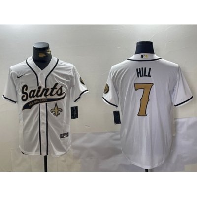 Men New Orleans Saints 7 Taysom Hill White With Patch Cool Base Stitched Baseball Jersey 2