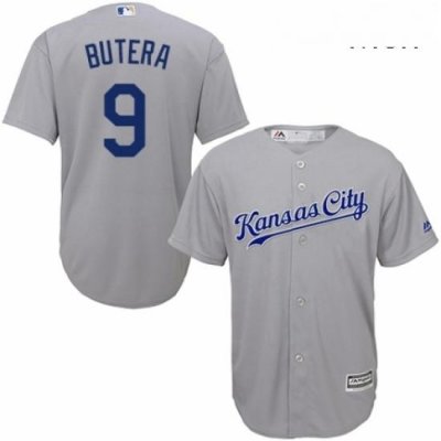 Mens Majestic Kansas City Royals 9 Drew Butera Replica Grey Road Cool Base MLB Jersey